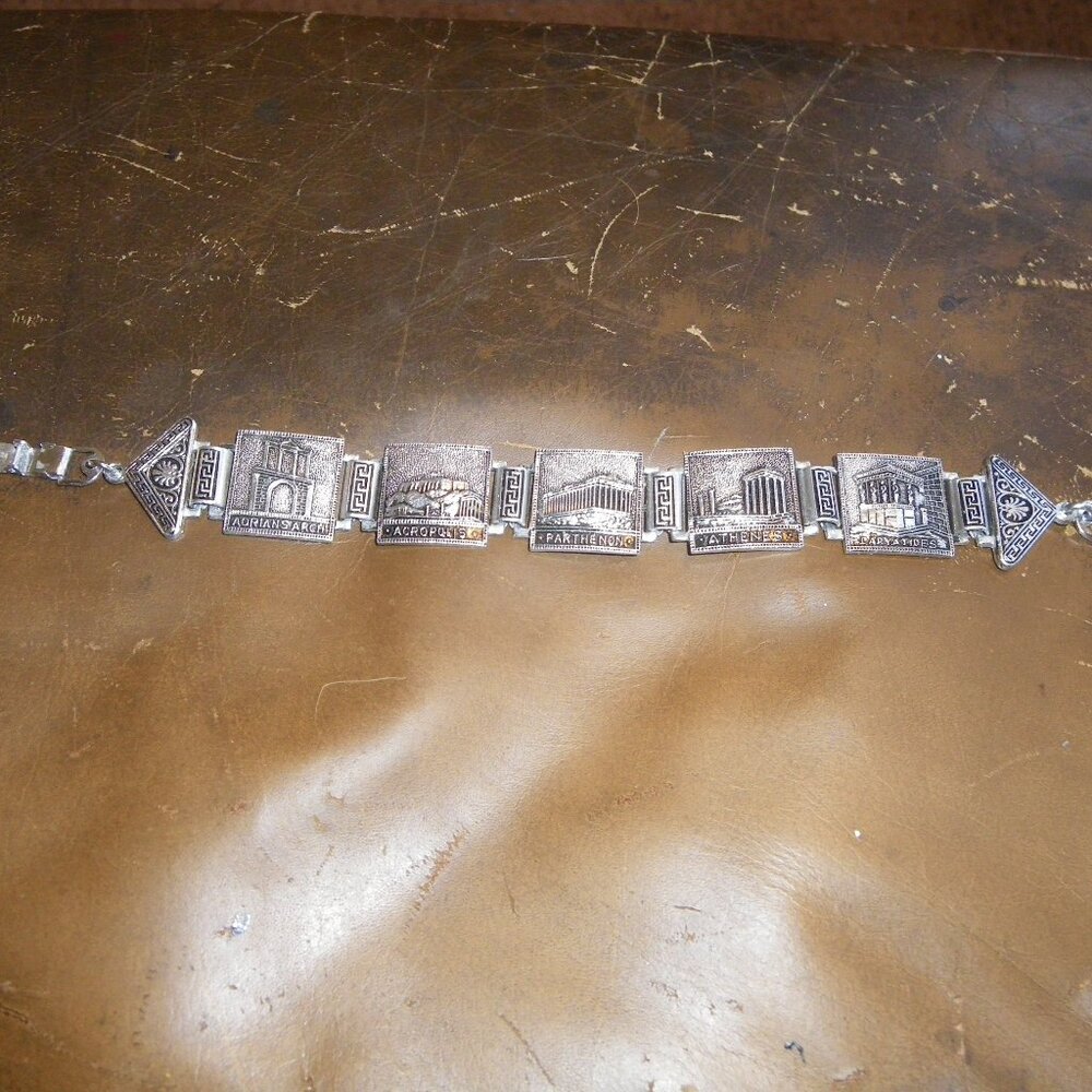 Vintage Unisex Silver Tone Bracelet Greece Souvenir Tchotchke